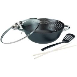 Set Multifunción para Wok GSW 5 Piezas Acero Fundido 32 cm Antiadherente Sin PFOA/PTFE Inducción