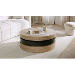 Unique Mesa de centro redonda giratoria con 1 compartimento de MDF - Negro y natural claro - JANITA