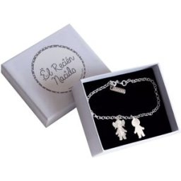 El Recién Nacido Pulsera para mujer de plata con siluetas de niño o niña grabada con nombre. Plata niño