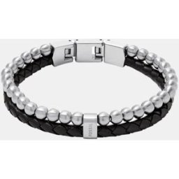 Fossil Pulsera de hombre townsman multihebra de piel en color negro con cuentas. Plateado