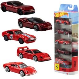 Hot Wheels Pack de 5 vehiculos Ferrari metálicos a escala 1:64 Ferrari con licencia oficial Mattel.