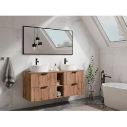 Unique Mueble de baño suspendido con estantes y lavabo redondo sobre encimera - Natural claro - L140 cm - ZEVARA