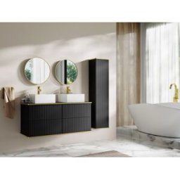 Unique Mueble de baño suspendido estriado con doble lavabo sobre encimera cuadrado y columna - Negro - 120 cm - KELIZA