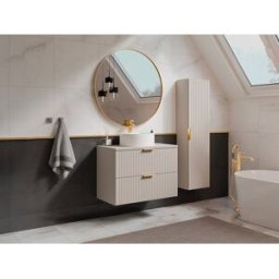 Unique Mueble de baño suspendido estriado con lavabo redondo sobre encimera y columna - Color beige - 80 cm - ZEVARA