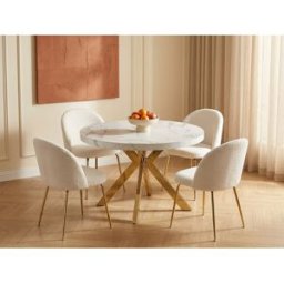 Unique Mesa extensible de comedor para 4 a 8 personas de MDF y acero - Efecto mármol blanco y Dorado - KOMONI