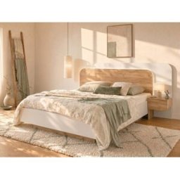 Unique Cama con cajón y mesitas de noche 160 x 200 cm - Con LEDs - Color: natural y blanco + Colchón - DESADO
