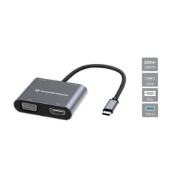 Dock USB Conceptronic DONN16G 1x USB-A 1x USB-C HDMI 4K VGA PD 100W Gris Aluminio