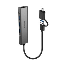 Hub USB Lindy 43379 4 Puertos USB 3.2 Gen 1 Type-A y Type-C Gigabit Ethernet 4K UHD Gris