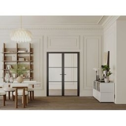 Unique Bloque de puerta doble reversible de aluminio y vidrio templado - 2 x Alt. 204 x An. 93 cm - Negro - MASERU