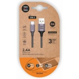 Cable USB-C TECH ONE TECH TEC2023 2m 2.4A Trenzado Nylon Gris