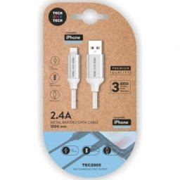 Cable USB 2.0 Tech One Tech TEC2005 1m Blanco trenzado Lightning 2,4A resistencia superior