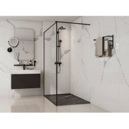 Unique Plato de ducha extraplano de resina SMC, recortable para instalar sobre el suelo o encastrado con sifón - Negro marmolado - 140 x 90 cm - LYROSA