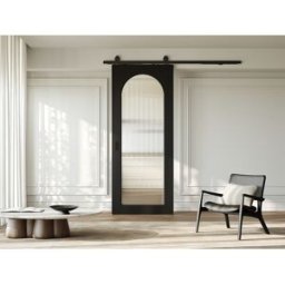 Unique Puerta corredera con sistema de aplique en madera y MDF - arco negro y vidrio templado estriado - Alt. 205 x An. 83 cm - ODEZA