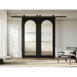 Unique Puerta corredera doble con sistema de aplique en madera y MDF - arco negro y vidrio templado estriado - 2 x Alt. 205 x An. 93 cm - ODEZA