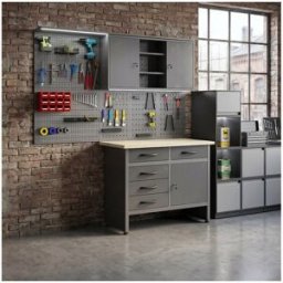 Unique Banco de trabajo con tablero de madera, panel perforado y armario mural en acero - An. 160 x Pr. 60 x Alt. 205 cm - Gris BRICANO