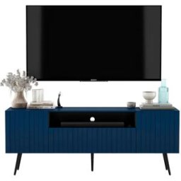 Mueble de TV con 3 puertas y nicho – Cuerpo azul marino mate, frentes ranurados azul marino mate – 150 cm, patas negras