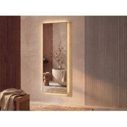 Unique Espejo de baño rectangular luminoso antivaho con botón táctil - Contorno dorado - 50 x 150 cm - ORINELIA