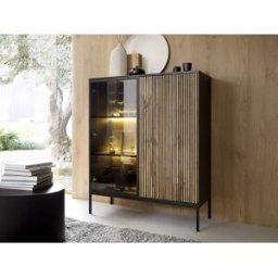 Unique Vitrina de 2 puertas con LED en MDF y vidrio ahumado - Negro y Natural - OVILA