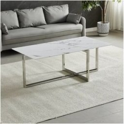 Mesa de centro rectangular - Cristal templado efecto mármol blanco - Metal plateado - CHIARA