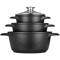 Briebe MGK-18 Batería de Cocina 6 Piezas Aluminio Fundido 3 Ollas 16/20/24cm + Tapas de Vidrio
