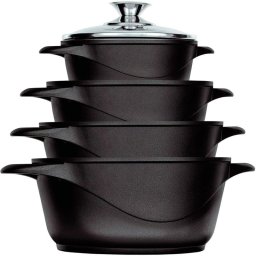 Briebe MGK-12 Batería de Cocina 8 Piezas Aluminio Fundido 4 Ollas 16/20/24/28cm + Tapas de Vidrio