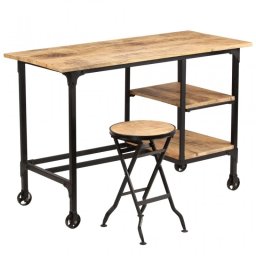 VidaXL Escritorio y Taburete Plegable Madera Maciza Mango 115x50x76cm