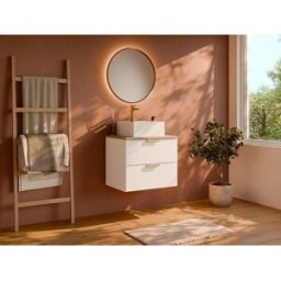 Unique Mueble de baño suspendido con lavabo sobre encimera cuadrado, grifo y espejo - Blanco - A60 cm - AVORELI