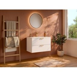 Unique Mueble de baño suspendido con lavabo encastrado, grifo y espejo - Blanco - A80 cm - AVORELI