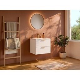 Unique Mueble de baño suspendido con lavabo encastrado, grifo y espejo - Blanco - A60 cm - AVORELI