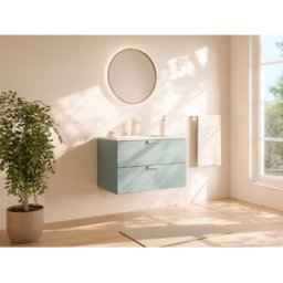Unique Mueble de baño suspendido con lavabo encastrado, grifo y espejo - Verde salvia - A80 cm - AVORELI