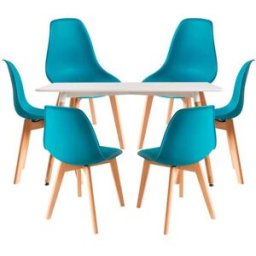 RegalosMiguel Conjunto Mesa Tower Rectangular 120 x 80 cm Blanca y Pack 6 Sillas Kelen - Verde azulado