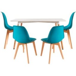 RegalosMiguel Conjunto Mesa Tower Rectangular 120 x 80 cm Blanca y Pack 4 Sillas Kelen - Verde azulado