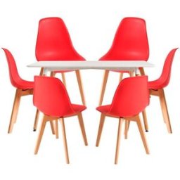 RegalosMiguel Conjunto Mesa Tower Rectangular 120 x 80 cm Blanca y Pack 6 Sillas Kelen - Rojo