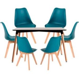 RegalosMiguel Conjunto Mesa Tower Rectangular 120 x 80 cm Negra y Pack 6 Sillas Synk Basic - Verde azulado
