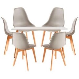 RegalosMiguel Conjunto Mesa Tower Rectangular 120 x 80 cm Blanca y Pack 6 Sillas Kelen - Gris