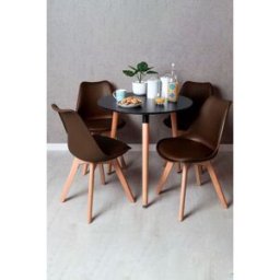 RegalosMiguel Conjunto Mesa Tower Redonda 80 cm Negra y Pack 4 Sillas Synk Basic - Marrón