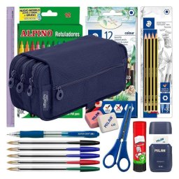 Estuche Triple de Cremalleras Officebox ColePack Pro con Material Escolar Incluido Azul Marino