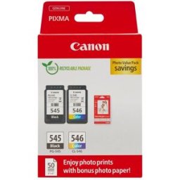 Canon Pack de 2 cartuchos de tinta original PG-545 negro-CL-546 tricolor (8287B008) + Papel foto 10x15 50 hojas.