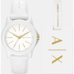 Giorgio Armani Conjunto de reloj de mujer de con tres agujas y etiqueta para equipaje. Blanco