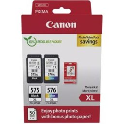 Canon Pack de cartuchos de tinta original PG-575XL negro + CL-576XL tricolor + Papel.