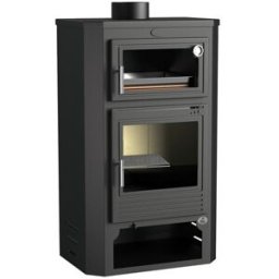 FM CALEFACCIÓN Estufa de Leña Frontal con Horno Envolvente y Leñero M-104. Negro