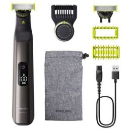 Philips Maquinilla de afeitar OneBlade Pro 360,cara y cuerpo en seco y mojado,barbero con peine guía de 20 longitudes, 120 min. Cromado