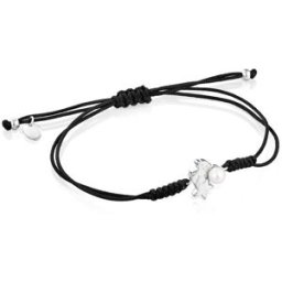 Tous Pulsera nocturne de plata con cordón negro y perla. Blanco