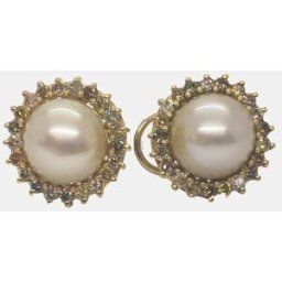 Romo Designs Pendientes cierre de omega de oro, diamantes y perla. Blanco