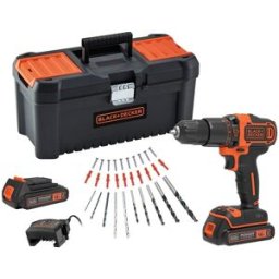 Black & Decker Taladro Percutor 18V con 2 Baterías 1.5Ah + Cargador y 30 Accesorios en Caja de Herramientas. Naranja / Negro