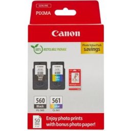 Canon Pack de 2 cartuchos de tinta original PG-560 negro-CL-561 tricolor (3713C008) + Papel foto 10x15 50 hojas.