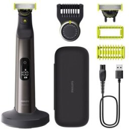Philips Maquinilla de afeitar OneBlade Pro 360,cara y cuerpo,en seco y mojado,barbero con peine guía de 20 longitudes,120 min. Cromado
