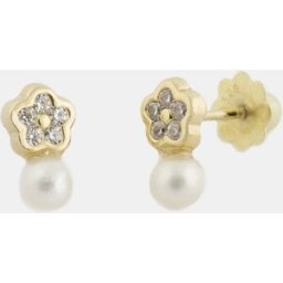 El Corte Inglés Pendientes de bebé de oro con circonita y perla. Blanco