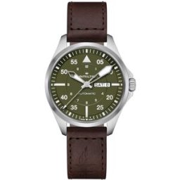 Hamilton Reloj de hombre automático Khaki Aviation Pilot Day Date de 42 mm H64635560 con calendario y correa de piel. Marrón