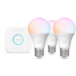 Philips Bombilla inteligente LED Hue Essential: Pack 3 ud E27 8W + Hue Bridge, RGB, Regulable, Control App y Voz, Asistentes de voz.